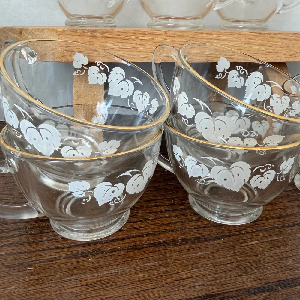 Vintage Anchor Hocking White Grape Leaf‎ Punch Bowl Set Ladle 12 Cups Gold Trim